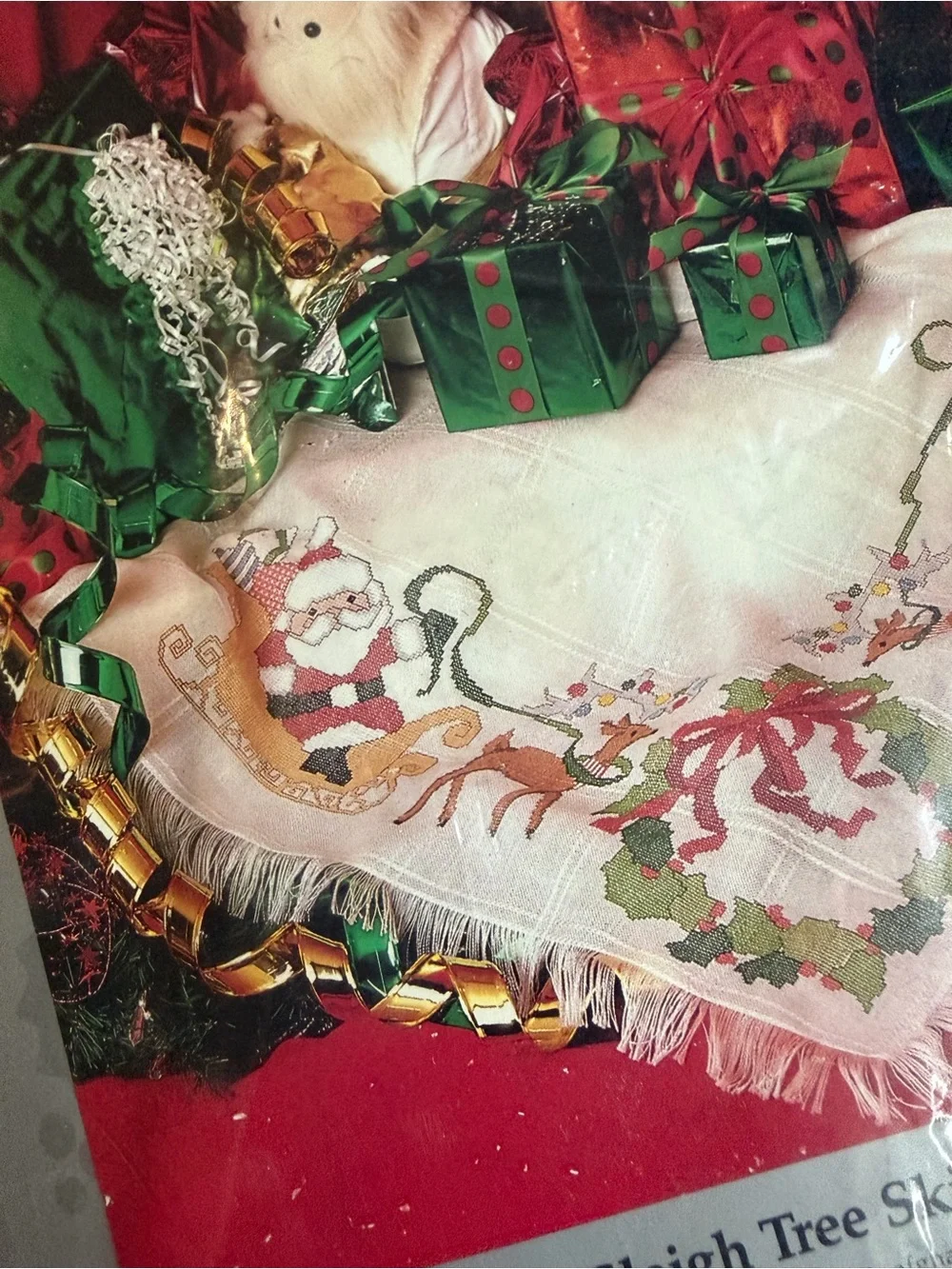 Vintage NEW Holiday Afghan Cloth - White and Red Tree Skirt-Cross Stitch Craft